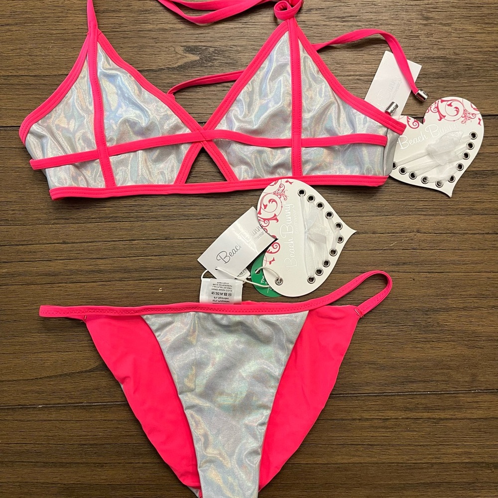 Beach Bunny Bikini Metallic Silver and Pink NWT sz L/M
